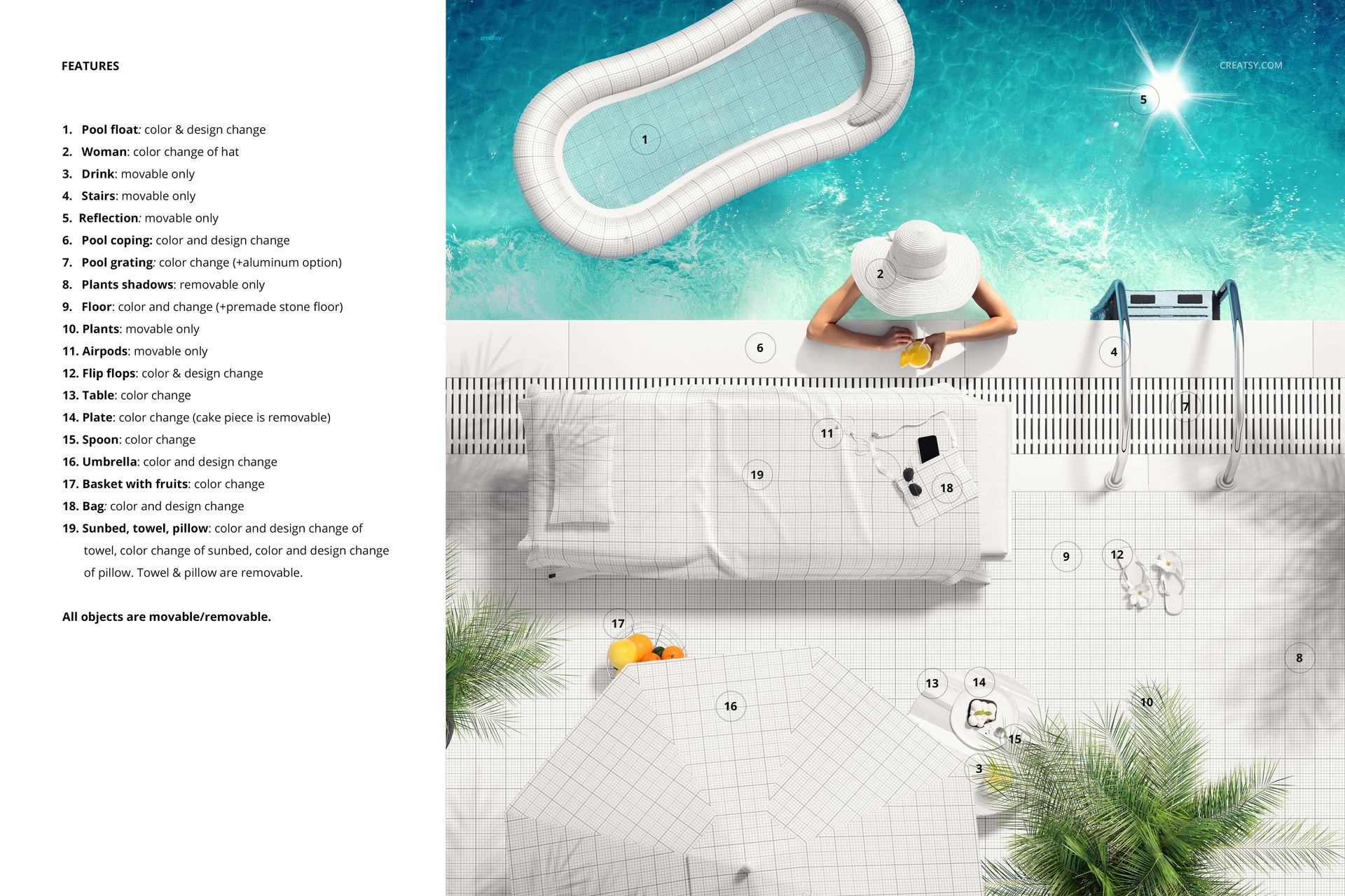 Top view of a poolside scene featuring a rectangular towel mockup, a woman in a sunhat, inflatable pool float, and clear blue water.