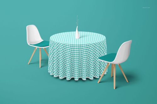 PSD mockup of a round table covered with a turquoise checkered cloth, flanked by two white chairs and a vase.