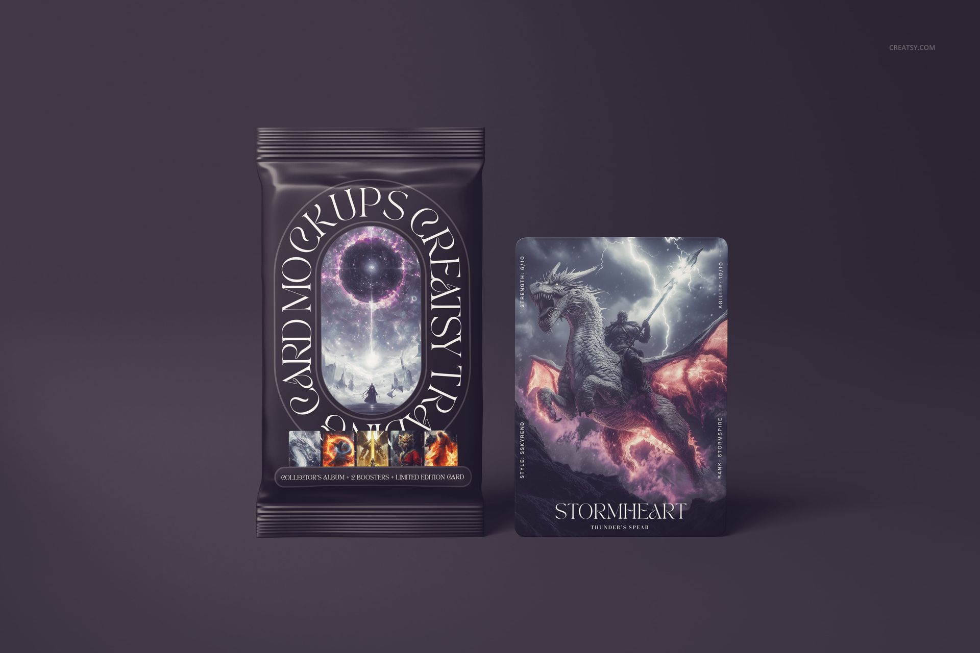 Front view of a trading card mockup bundle showing a sealed card pack and a fantasy-themed card with a dragon.