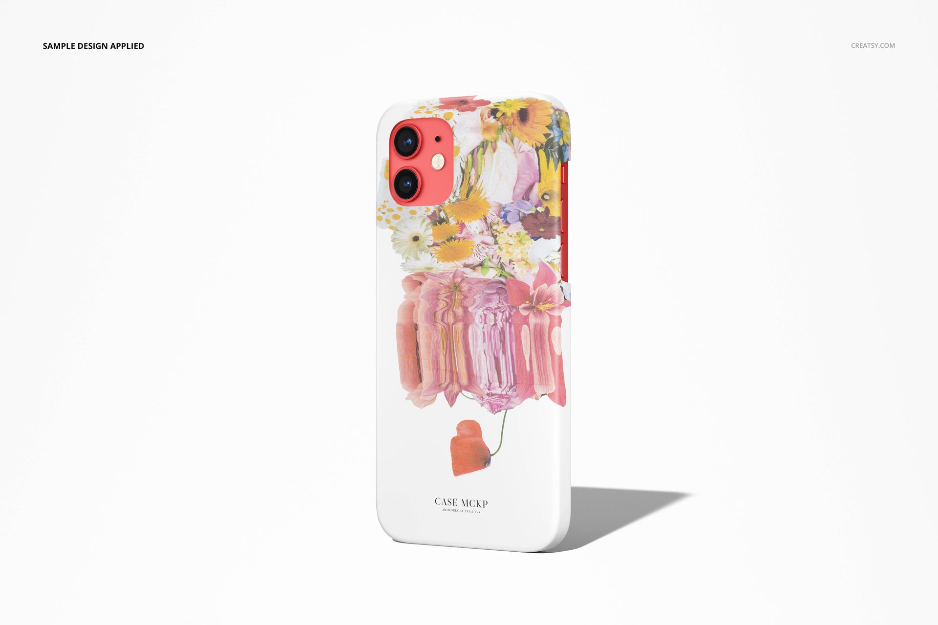 PSD mockup of an iPhone 12 matte snap case featuring vibrant flower patterns, displayed upright on a white surface.