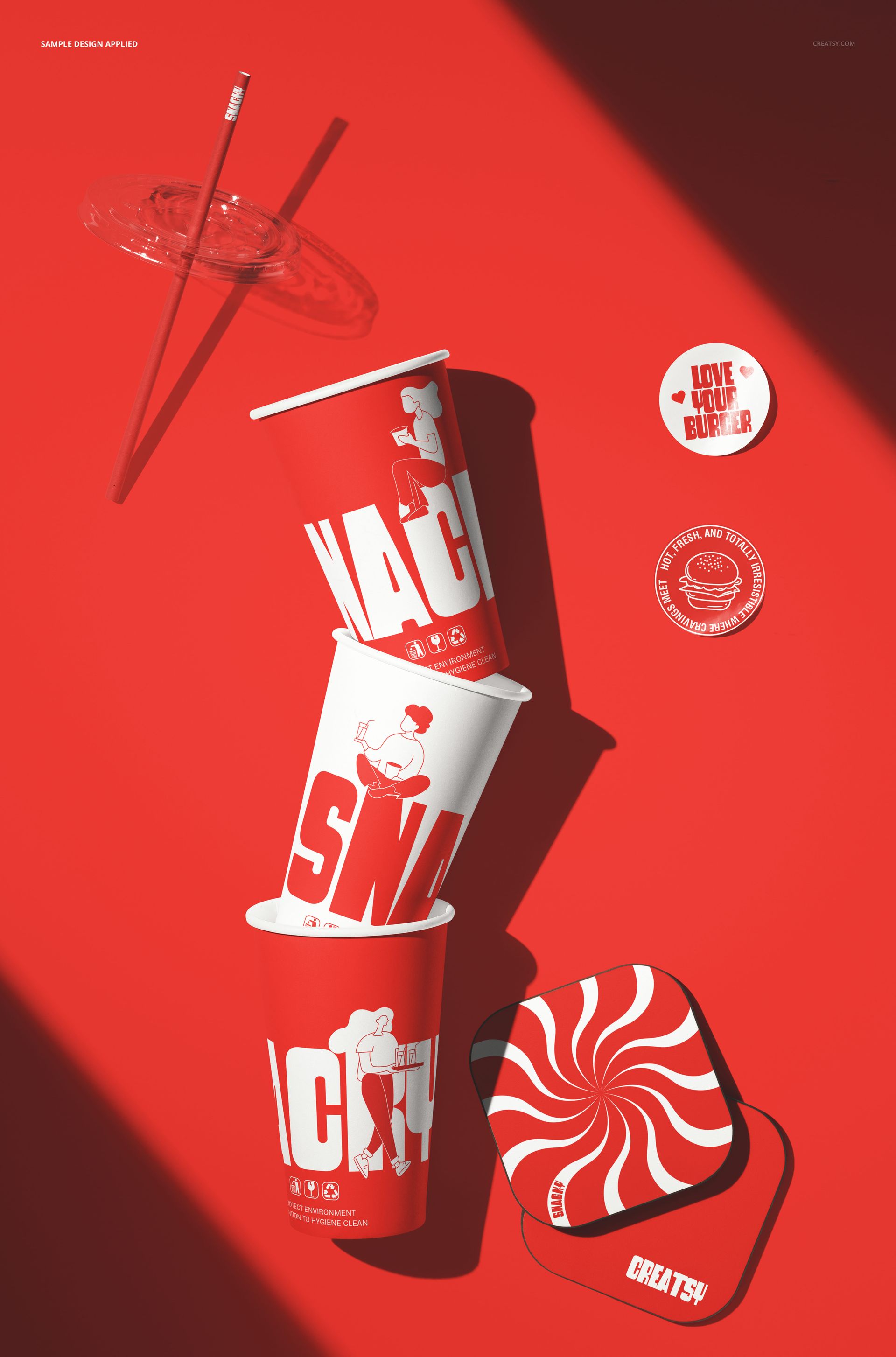 PSD mockup showing stacked paper cups and round and square coasters in red and white, illuminated by strong light.