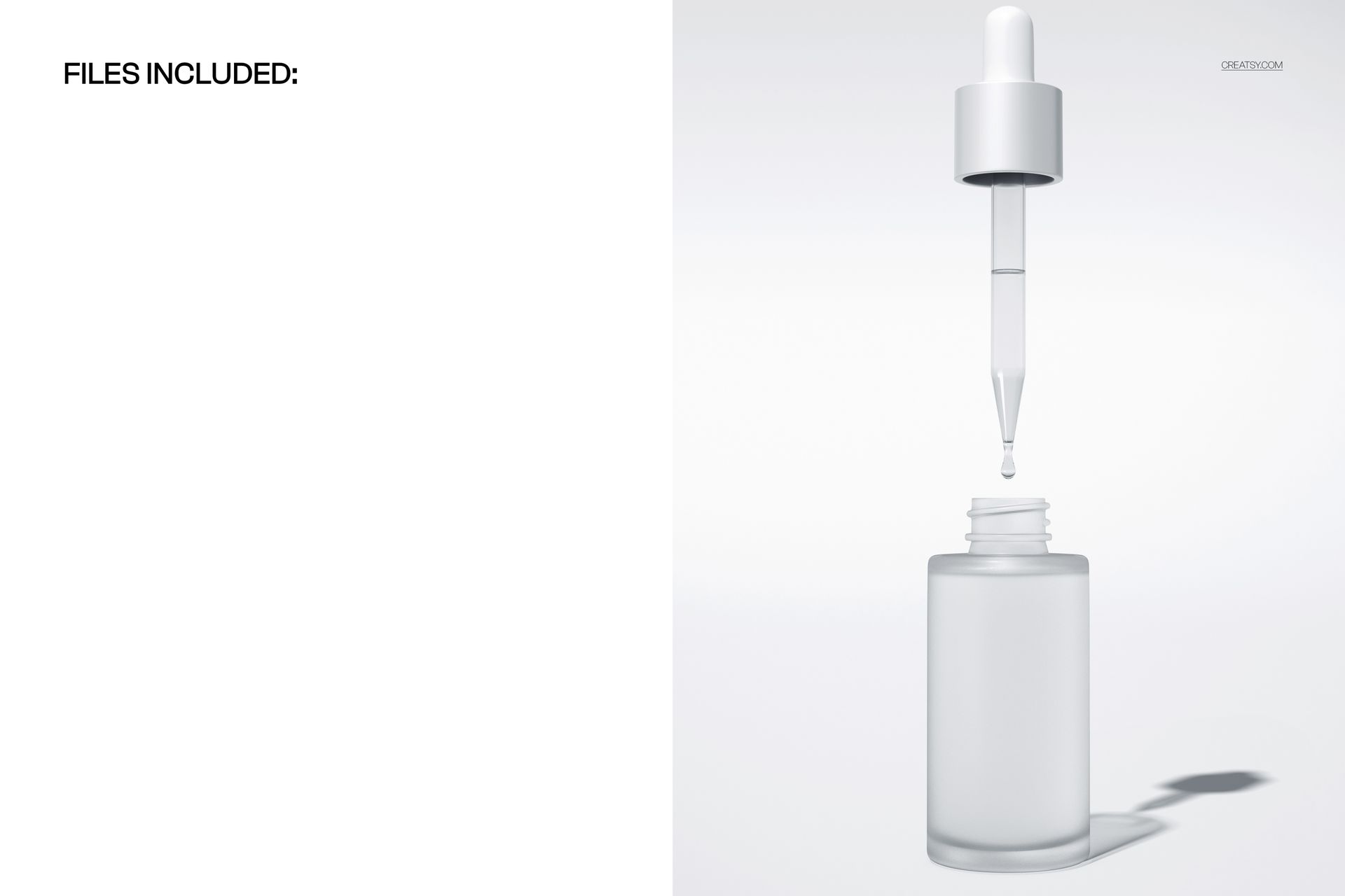 PSD mockup featuring a frosted glass serum bottle with an open dropper and visible droplet suspended above the opening.