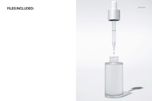 PSD mockup featuring a frosted glass serum bottle with an open dropper and visible droplet suspended above the opening.