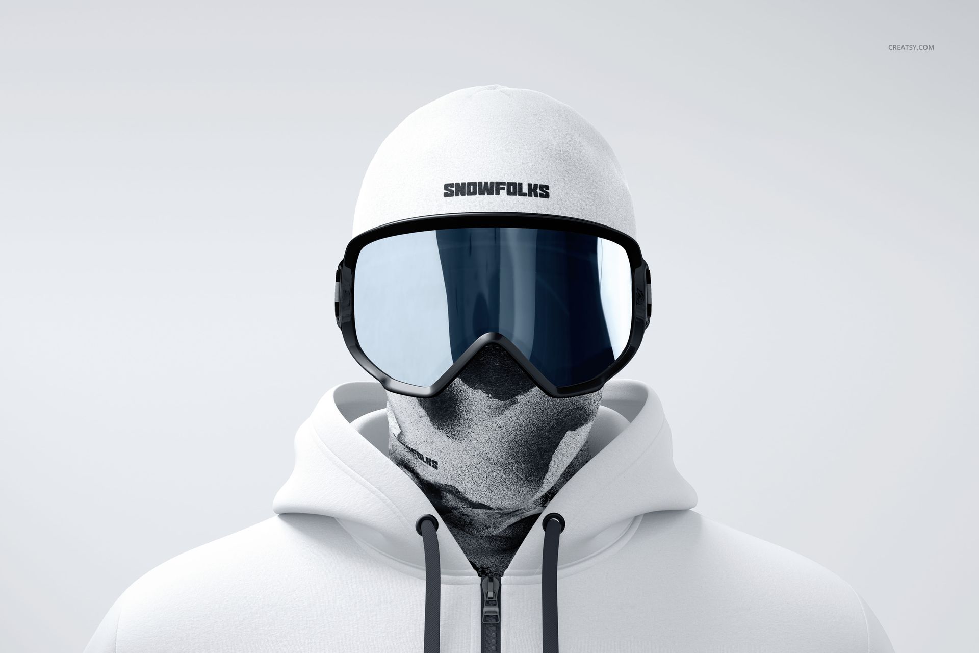 Close-up of a neck gaiter mockup on a mannequin dressed in a white hoodie, beanie, and ski goggles, with a minimal backdrop.