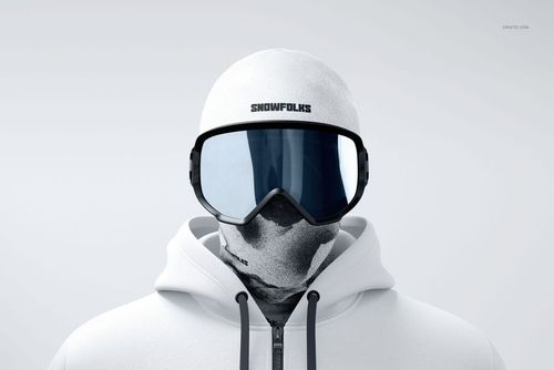 Close-up of a neck gaiter mockup on a mannequin dressed in a white hoodie, beanie, and ski goggles, with a minimal backdrop.