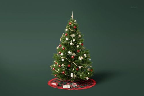 Christmas tree mockup featuring a festive tree with baubles, ribbon, and a red plaid skirt with gifts underneath.