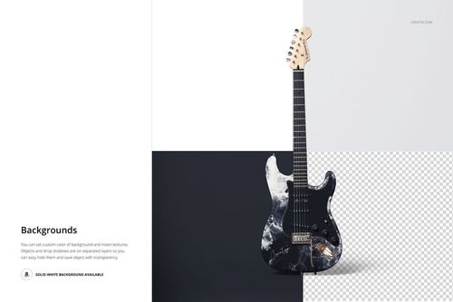 Front view of an electric guitar mockup featuring a marbled black and white design, displayed on varied backgrounds.