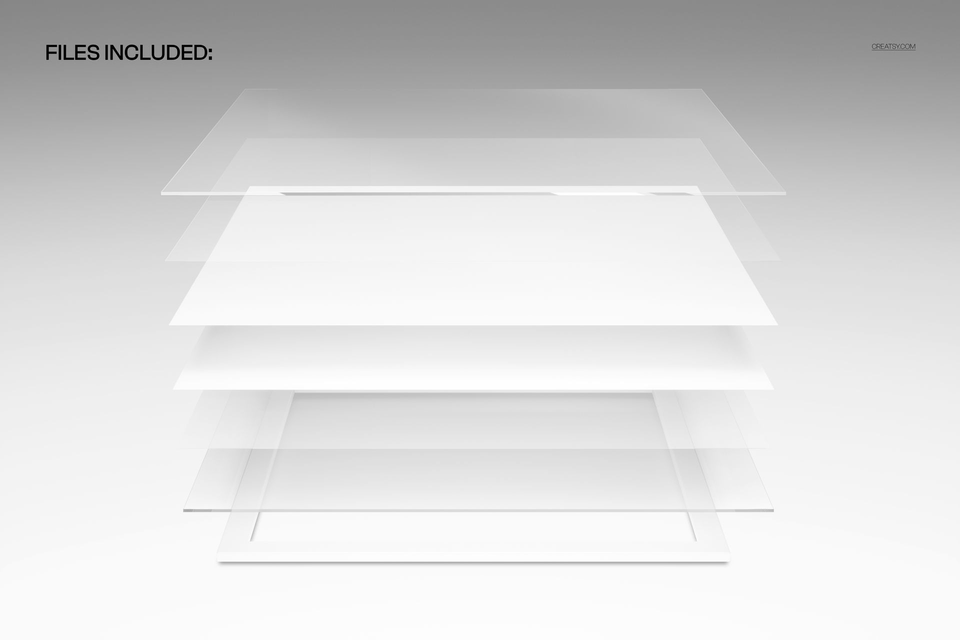 Exploded view of an acrylic print mockup showing four transparent layers on a light gray background.