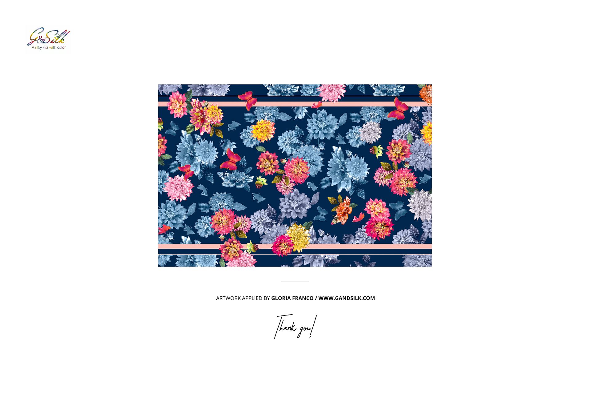 Rectangular habotai silk scarf mockup with a vibrant floral pattern in pink, yellow, and blue on a dark background.