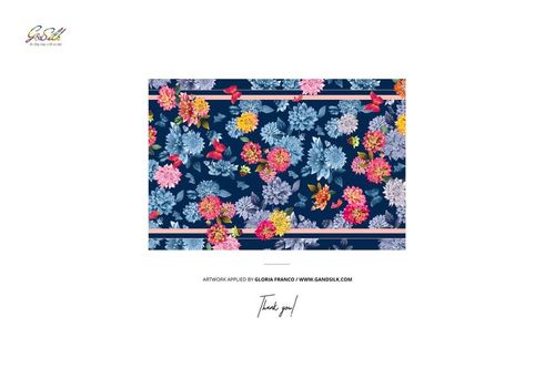Rectangular habotai silk scarf mockup with a vibrant floral pattern in pink, yellow, and blue on a dark background.