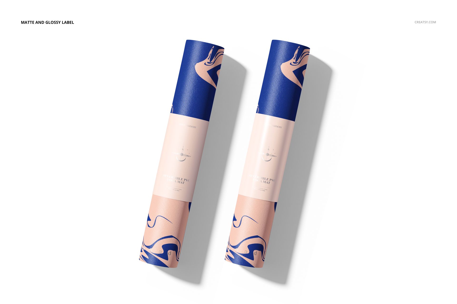 Yoga mat PSD mockup set with two mats in blue and beige abstract style, viewed from above on white.