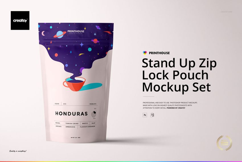 Front view of a stand up zip lock pouch with a colorful cosmic pattern on top and cream lower section, shown in a mockup setting.