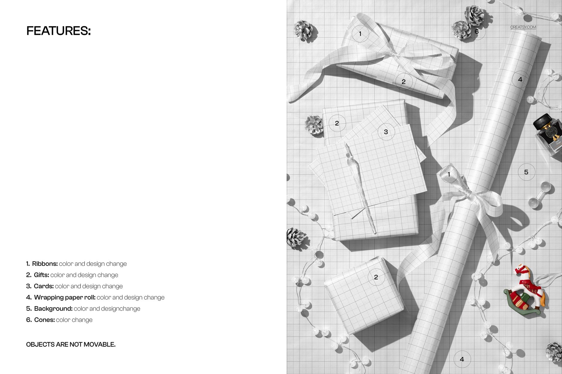 Top view of Christmas wrapping paper mockup with several wrapped presents, ribbons, pinecones, and festive props on a grid-patterned surface.