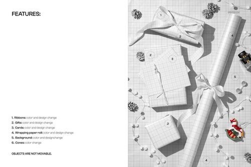 Top view of Christmas wrapping paper mockup with several wrapped presents, ribbons, pinecones, and festive props on a grid-patterned surface.