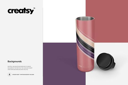 Insulated double wall vacuum tumbler mockup with pink and black stripes, shown upright with lid on the side.