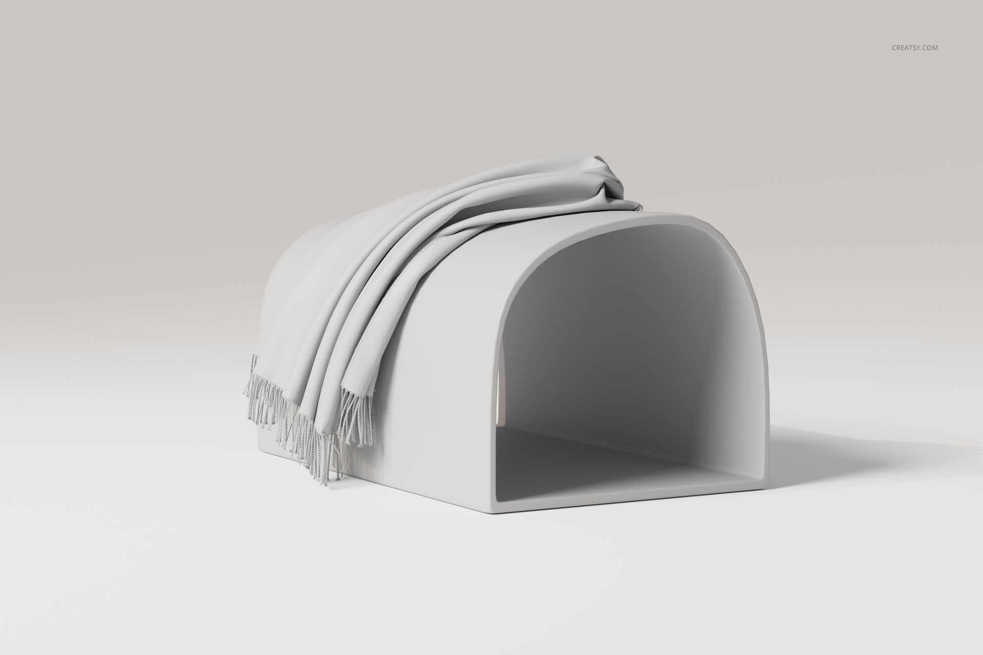 Draped throw blanket in light gray displayed over a curved white arch, shown from a front angle on a neutral background.