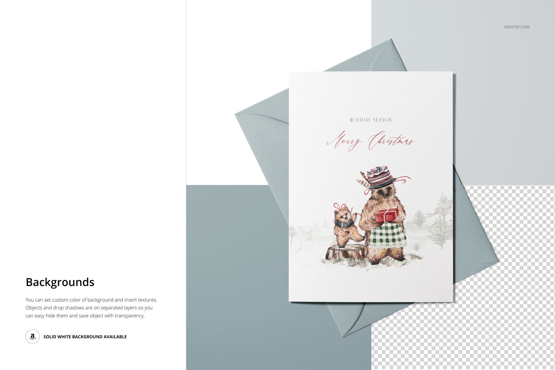 Front view of a 5x7 greeting card mockup featuring illustrated bears in winter attire, placed on a gray envelope with a white background.
