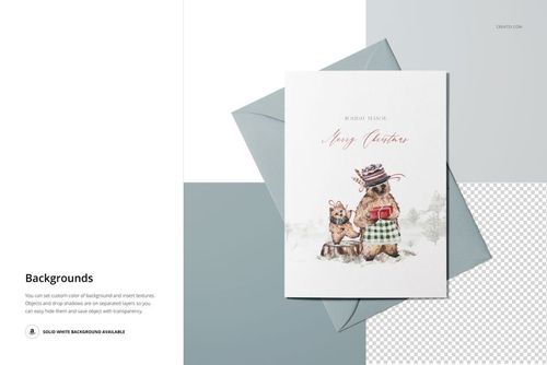 Front view of a 5x7 greeting card mockup featuring illustrated bears in winter attire, placed on a gray envelope with a white background.
