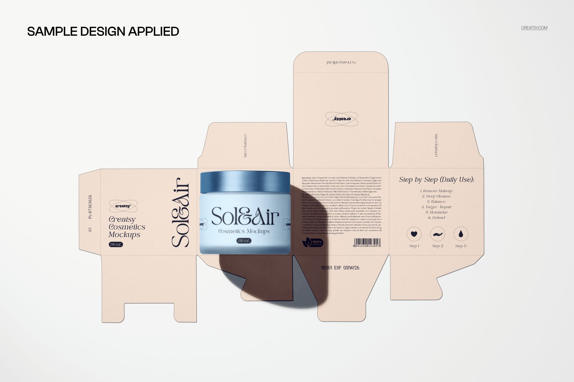 Cream jar with blue lid and unfolded packaging box mockup displayed on a white surface, showing product details.