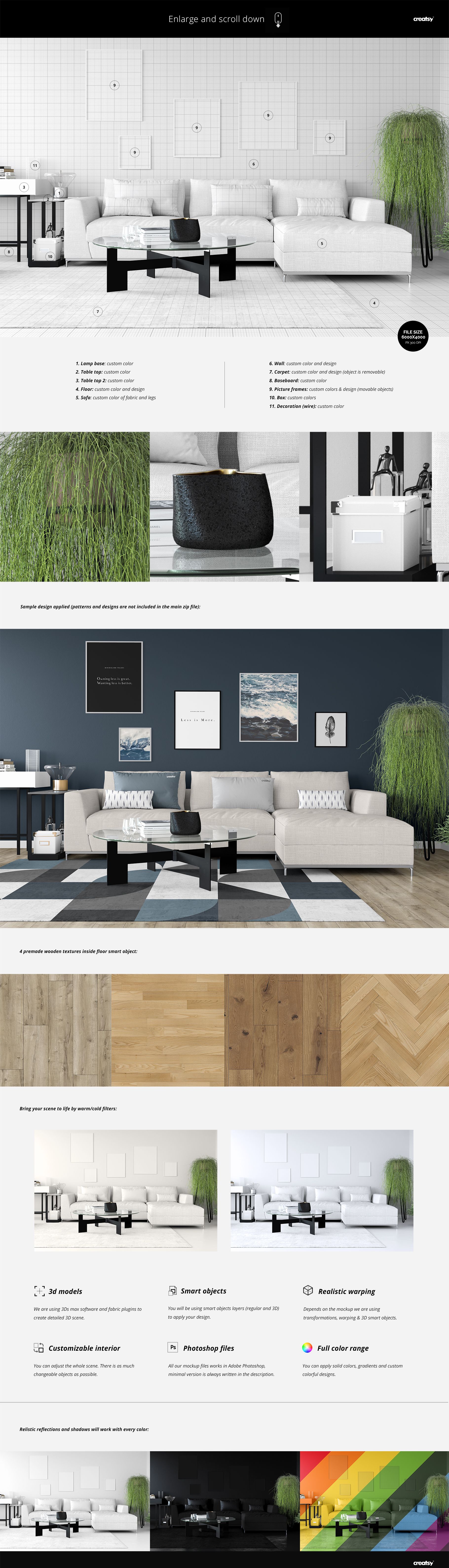 Modern living room with white sofa, decorative pillows, coffee table, and green plant, shown in a home décor textiles mockup.