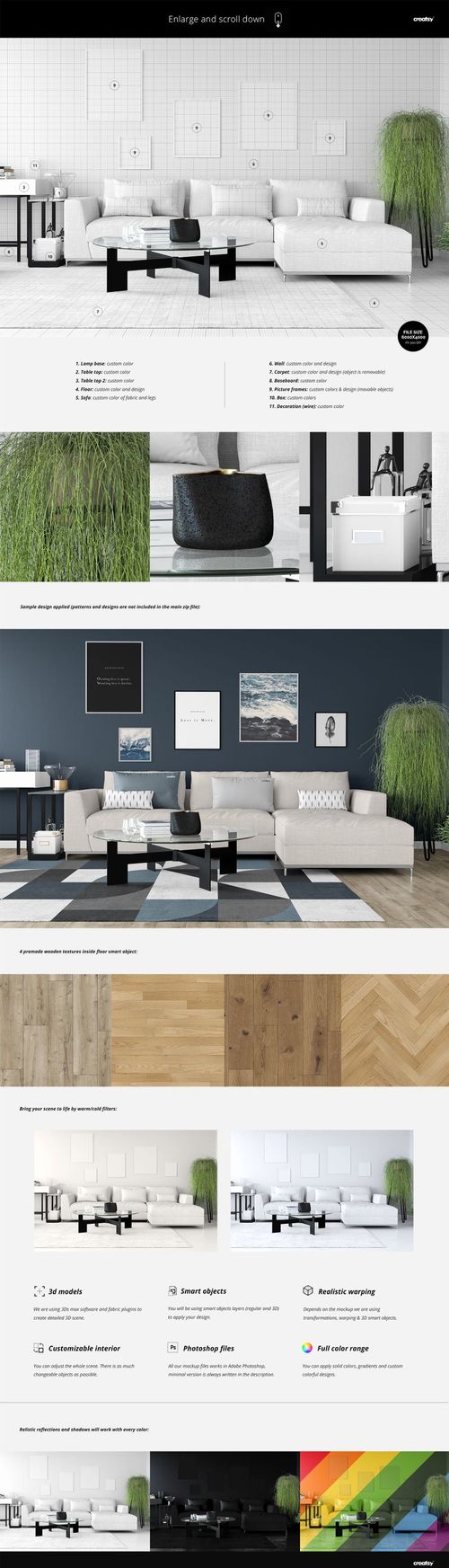 Modern living room with white sofa, decorative pillows, coffee table, and green plant, shown in a home décor textiles mockup.