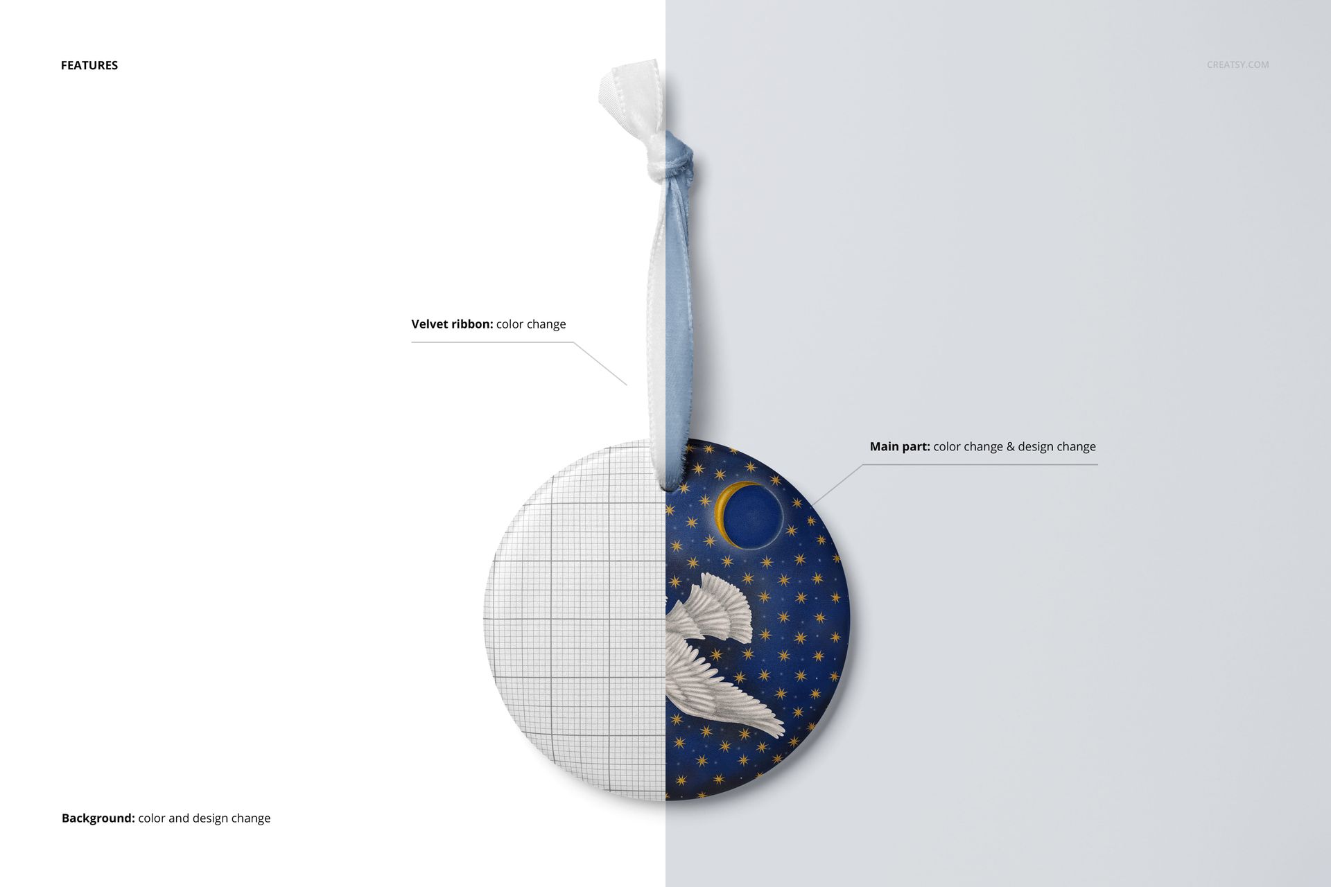 Round handmade ornament mockup showing a split design with a blue velvet ribbon and customizable background.