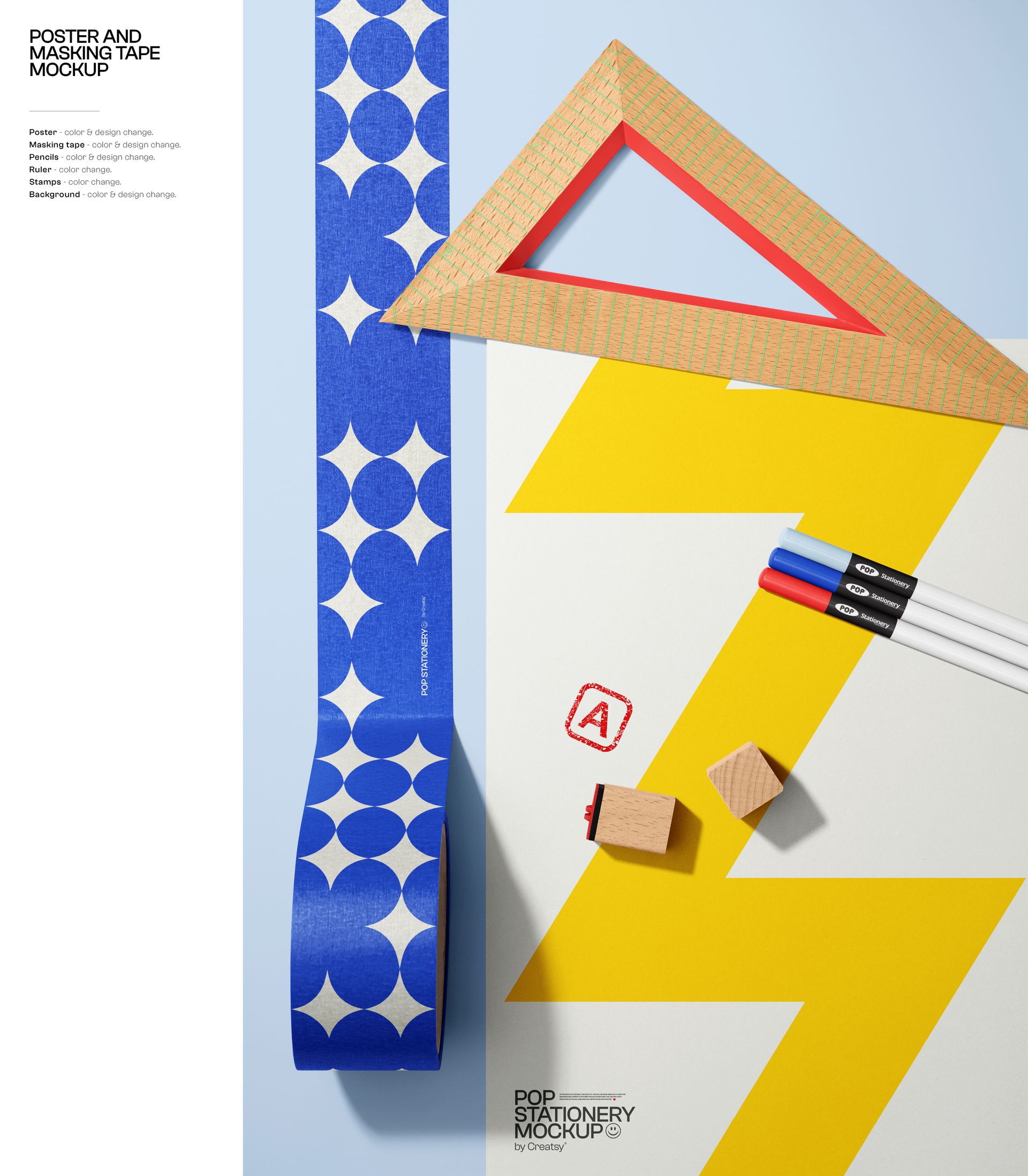 Top view of stationery items including a geometric triangle ruler, blue patterned tape, markers, and erasers on a yellow and white background.