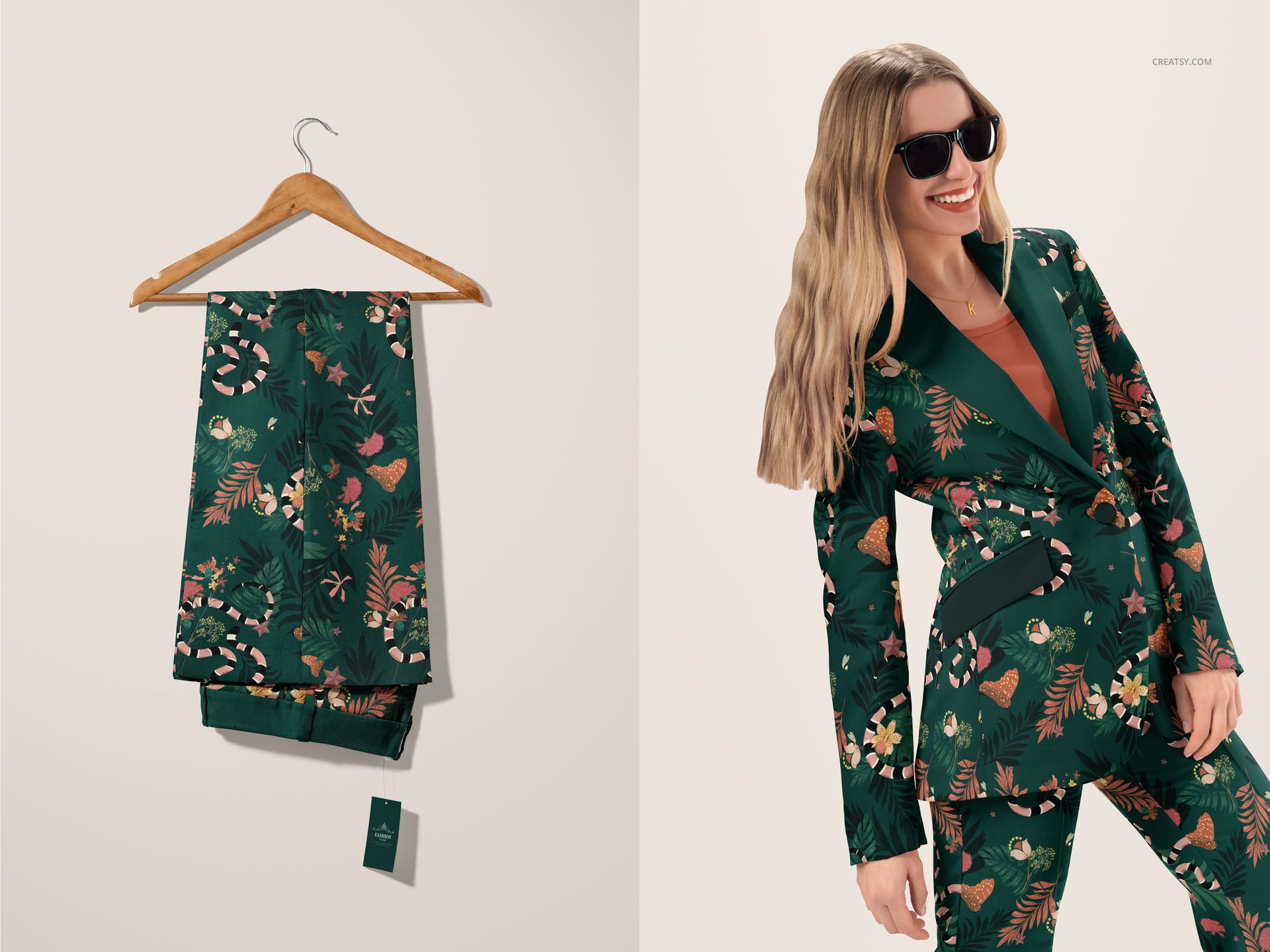 Green floral blazer and trousers set displayed on a hanger and worn by a model, shown in a fashion mockup.