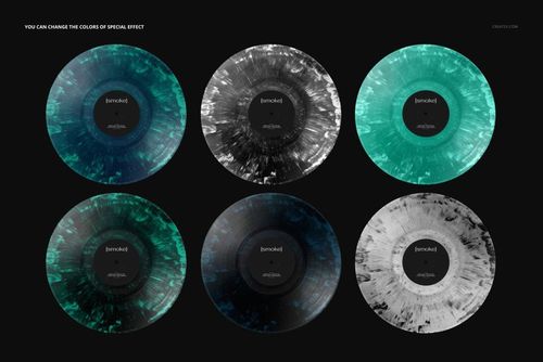 PSD mockup showing six vinyl records with swirling smoke patterns in green, black, and white, arranged in two rows.