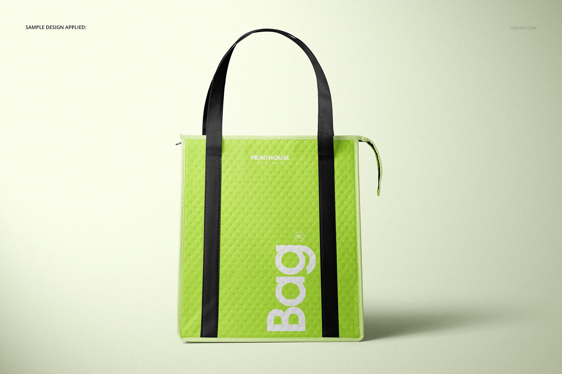 Therm-O-Tote insulated cooler bag mockup in bright green, shown upright with black straps and a zippered top.