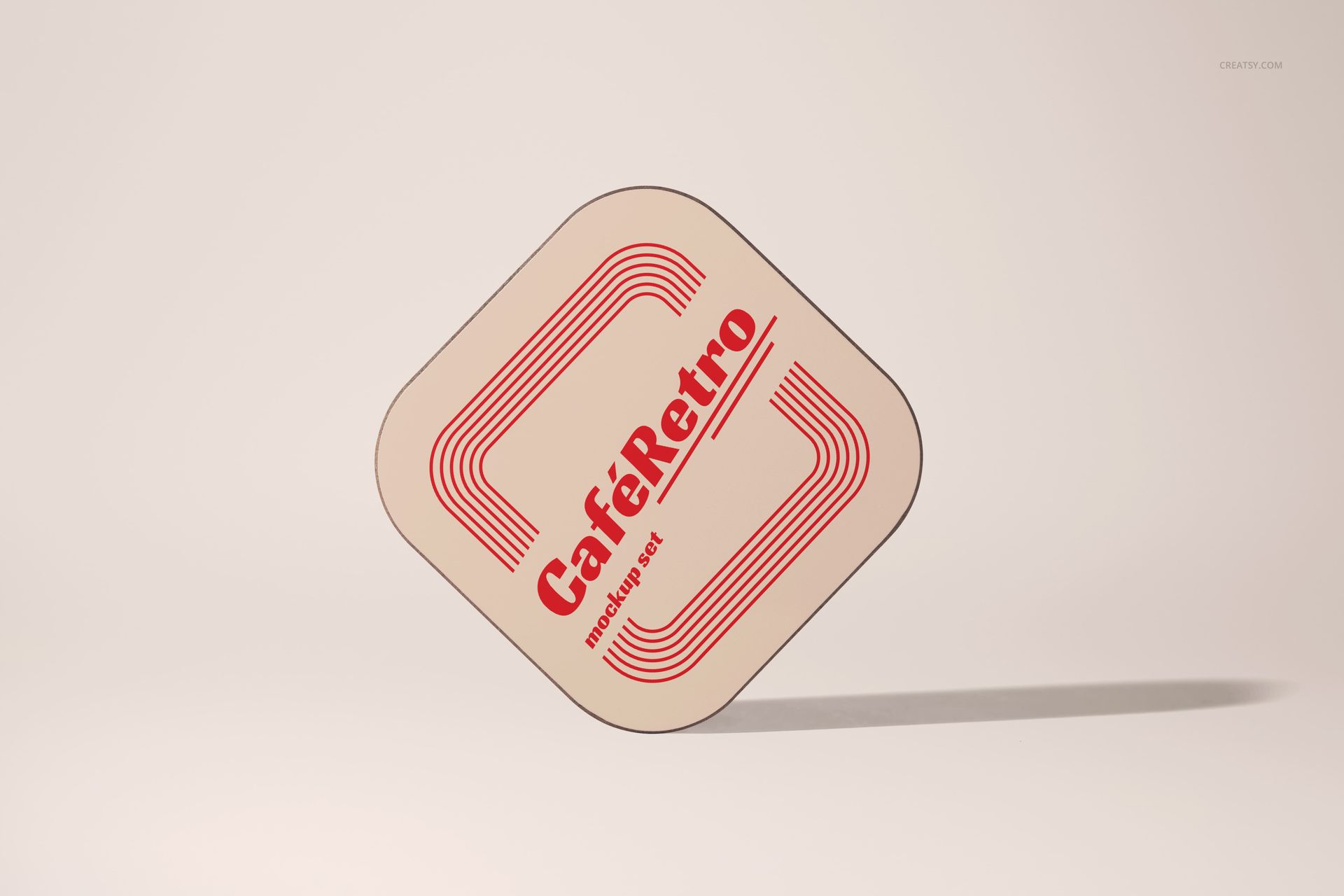 Single hard wooden base coaster mockup with vintage-style red lines and lettering, angled against a neutral backdrop.
