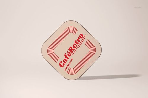 Single hard wooden base coaster mockup with vintage-style red lines and lettering, angled against a neutral backdrop.