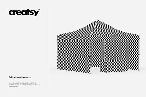 Front view of a 13x13 pop up tent mockup featuring a bold black and white checkerboard design in a studio setting.