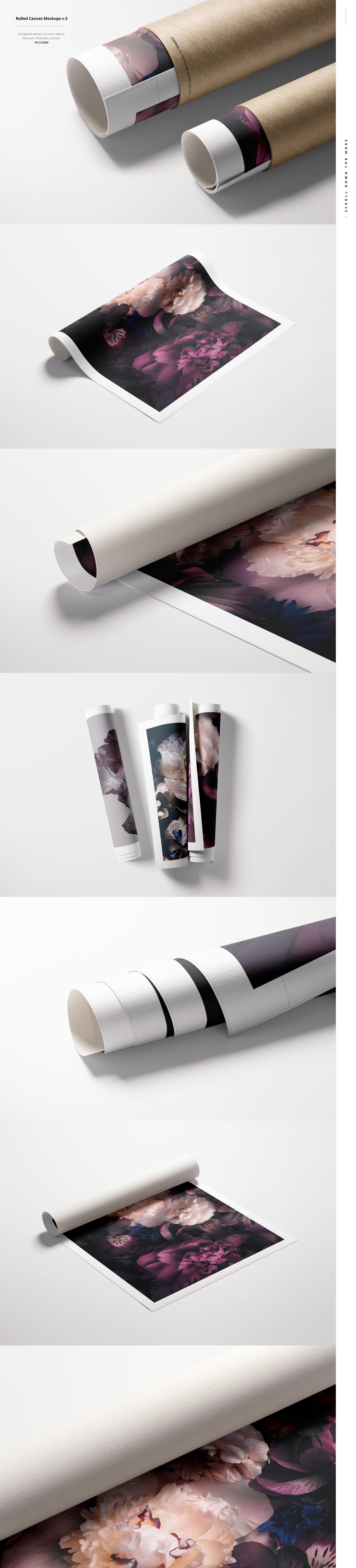 Rolled canvas print mockup bundle featuring multiple rolled and partially unrolled canvas prints with floral artwork on a white surface.