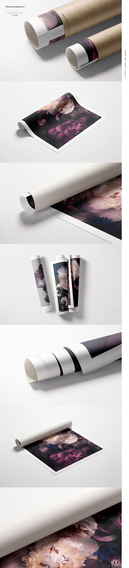 Rolled canvas print mockup bundle featuring multiple rolled and partially unrolled canvas prints with floral artwork on a white surface.