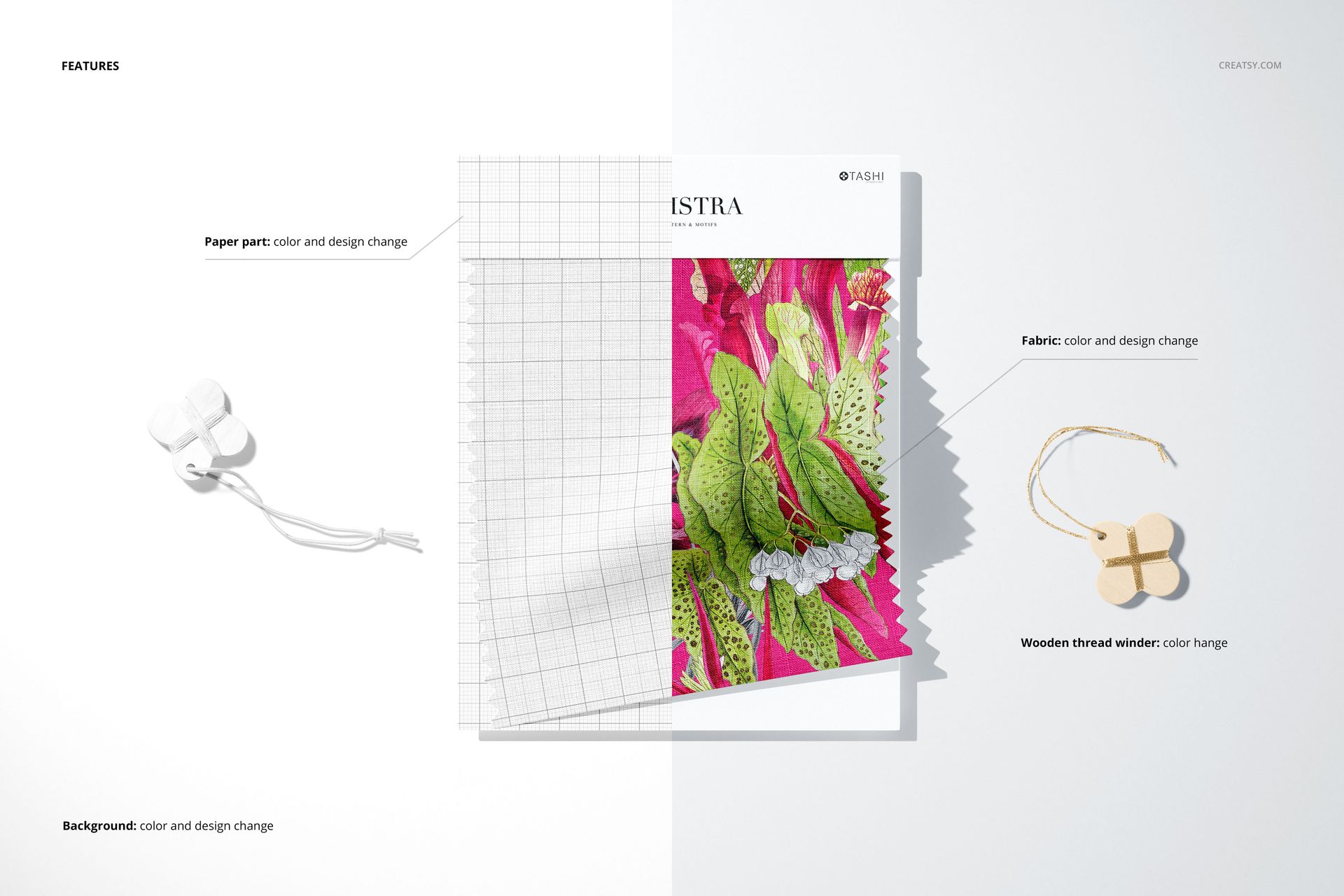 Fabric swatches mockup set featuring a folded fabric sample with a pink and green leaf pattern, grid paper, and wooden thread winders on a white background.