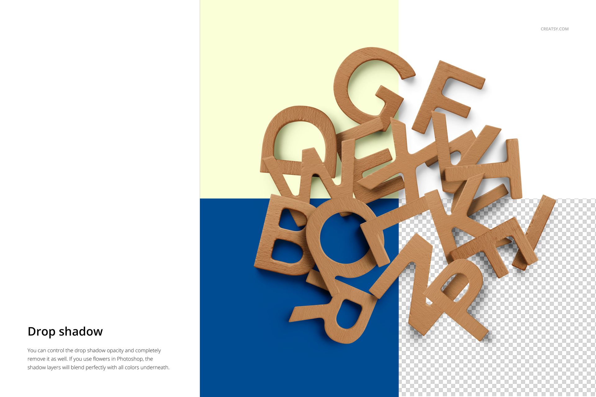 PSD mockup featuring assorted wooden alphabet letters arranged randomly, top-down perspective with distinct drop shadows.