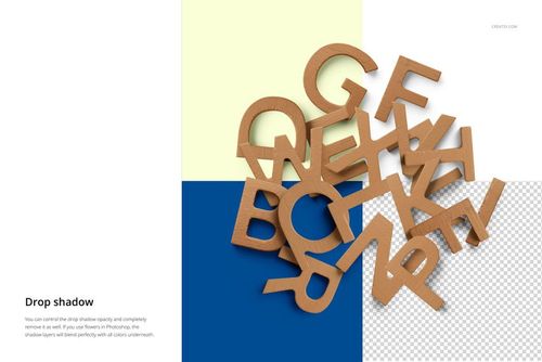 PSD mockup featuring assorted wooden alphabet letters arranged randomly, top-down perspective with distinct drop shadows.