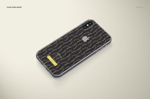 PSD mockup of an iPhone XS clear case featuring a repeating curved yellow line design, displayed on a neutral surface.