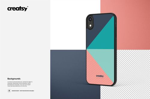 Black iPhone XR case mockup featuring geometric color blocks in teal, navy, coral, and light blue, shown in front view.