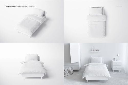 Kids bedding mockup set featuring four white beds in various perspectives, including close-up and room scene.