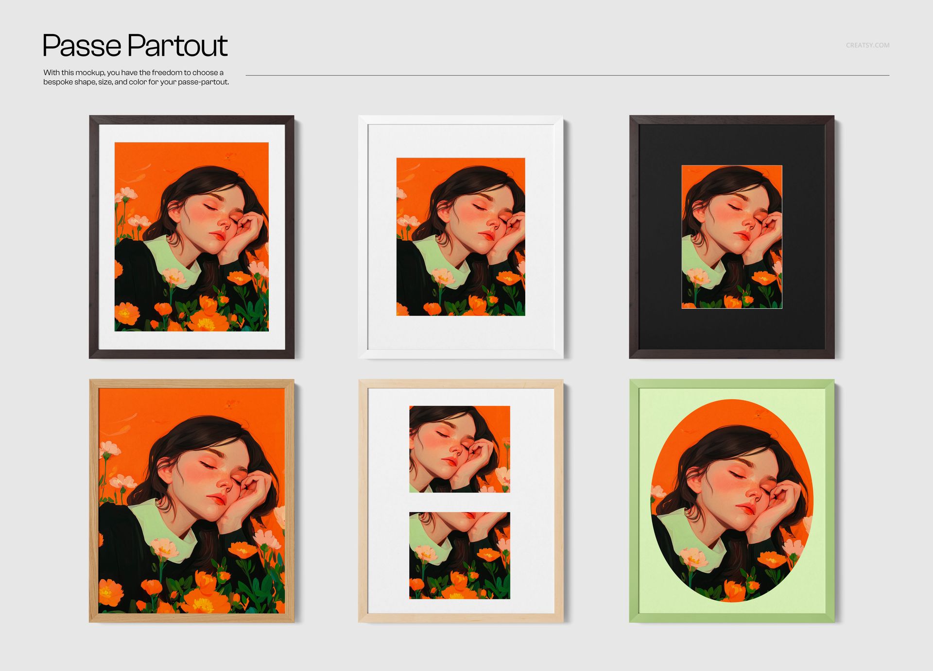 Six solid wooden frame mockups in various wood finishes and passe partout styles, each displaying colorful artwork.