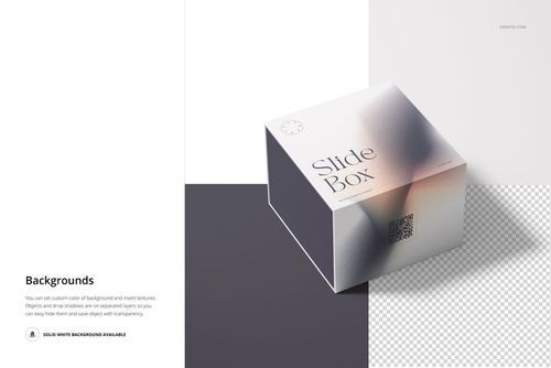 Square slide gift box mockup with white lid and gray base, shown in a top angled view on a split background.