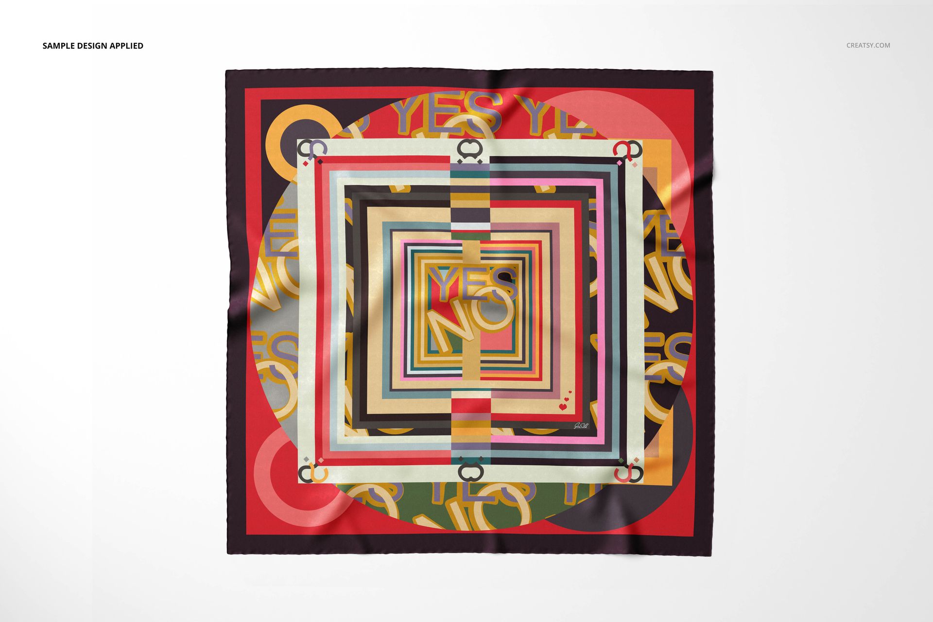 Twill silk scarf mockup featuring concentric rectangles and vibrant colors, shown from a top-down perspective.
