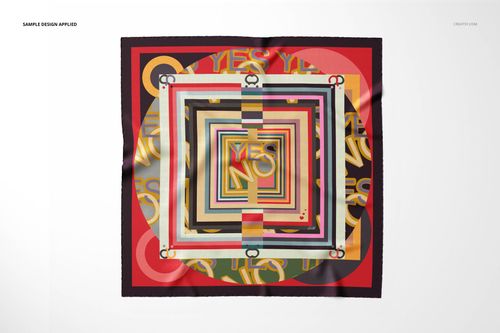 Twill silk scarf mockup featuring concentric rectangles and vibrant colors, shown from a top-down perspective.