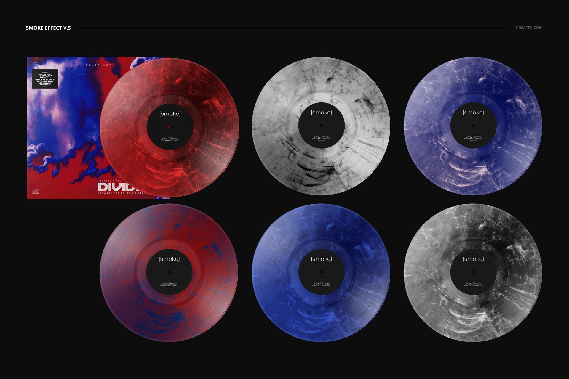 Set of vinyl records and cover mockup featuring smoke textures in various colors, displayed from above on a dark background.