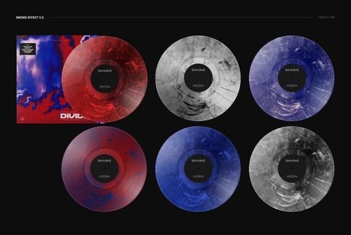 Set of vinyl records and cover mockup featuring smoke textures in various colors, displayed from above on a dark background.