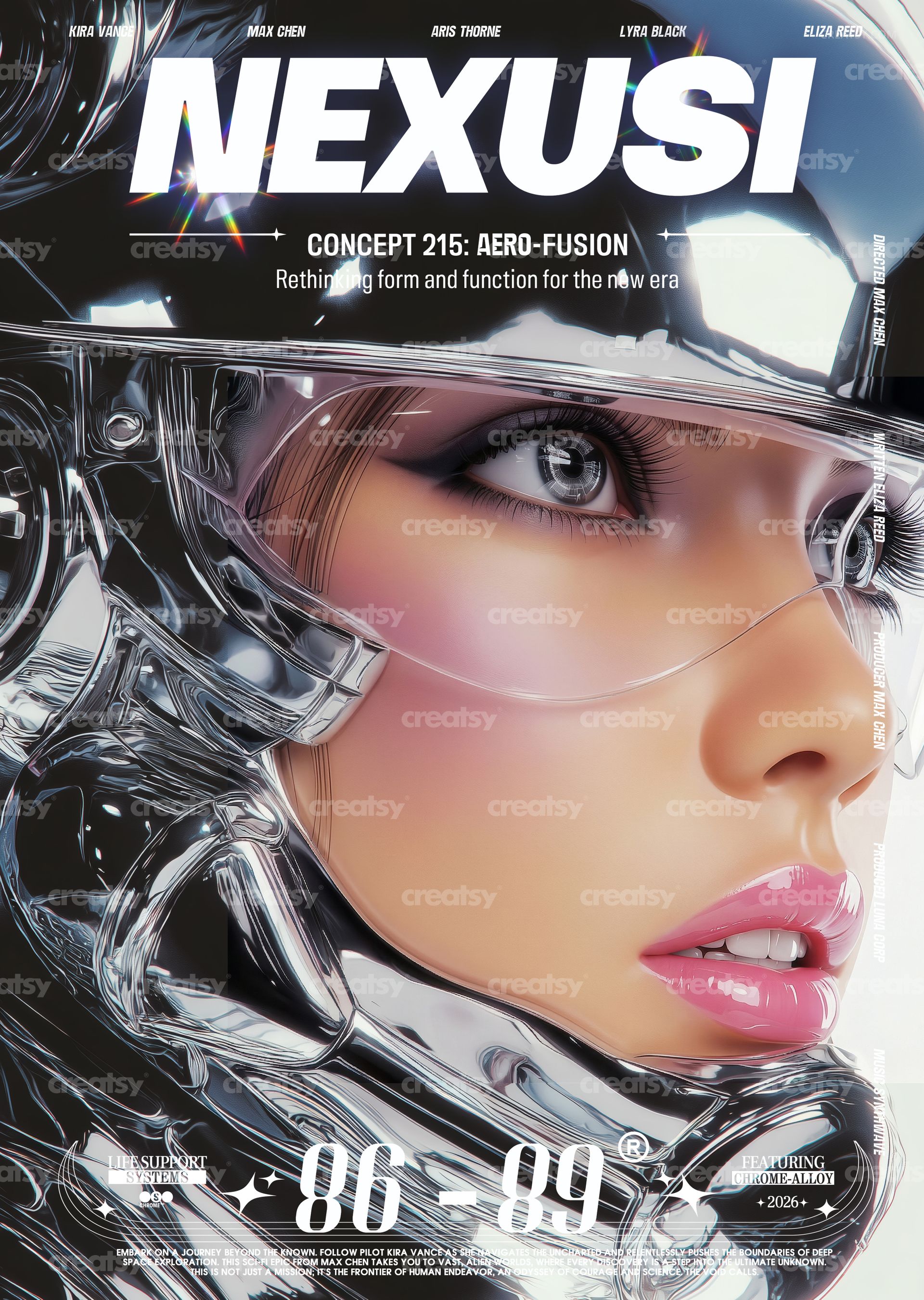 PSD mockup of a vertical poster featuring reflective chrome-like swirls and large white letters, blurred center area.