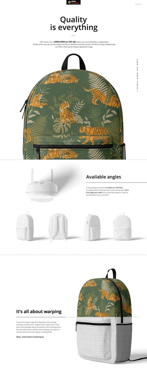 Polyester backpack mockup with a green background and orange tiger pattern, shown in front view with mesh side pocket.