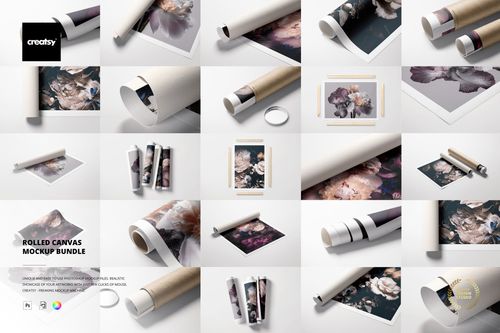Multiple rolled canvas print mockups with floral designs and tubes shown from top and angled perspectives on a light surface.